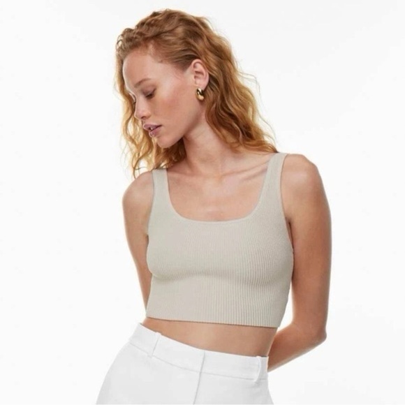 Babaton Tops - Babaton Aritzia Sculpt Knit Square Neck Crop Tank Beige Ribbed Fitted Top Size S